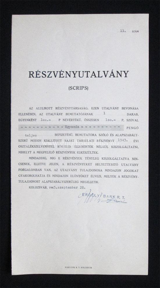 Erdélyi Bank részvényutalvány 100 pengõ 1943 Kolozsvár (ROU)